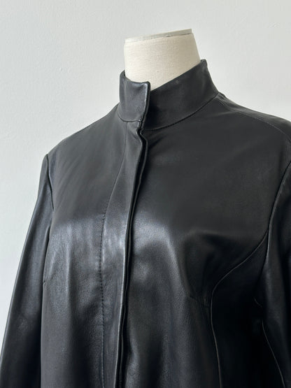 Vintage 1990s High Neck Leather Trench Coat - M