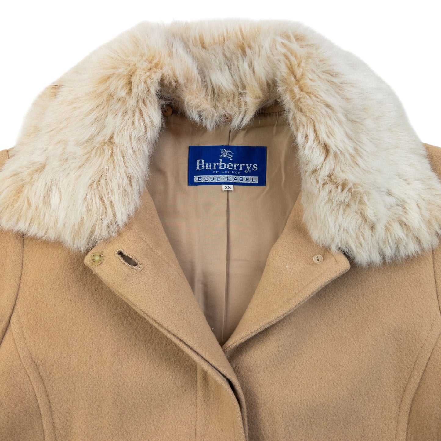Vintage 90s Burberry Fur Collar Longline Wool Jacket Womens Size M | Medium, Beige