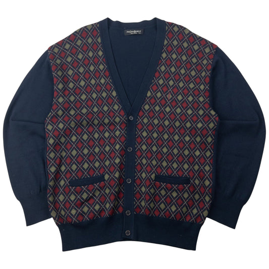 Vintage 90s YSL Yves Saint Laurent Argyle Cardigan Size L | Large, Navy