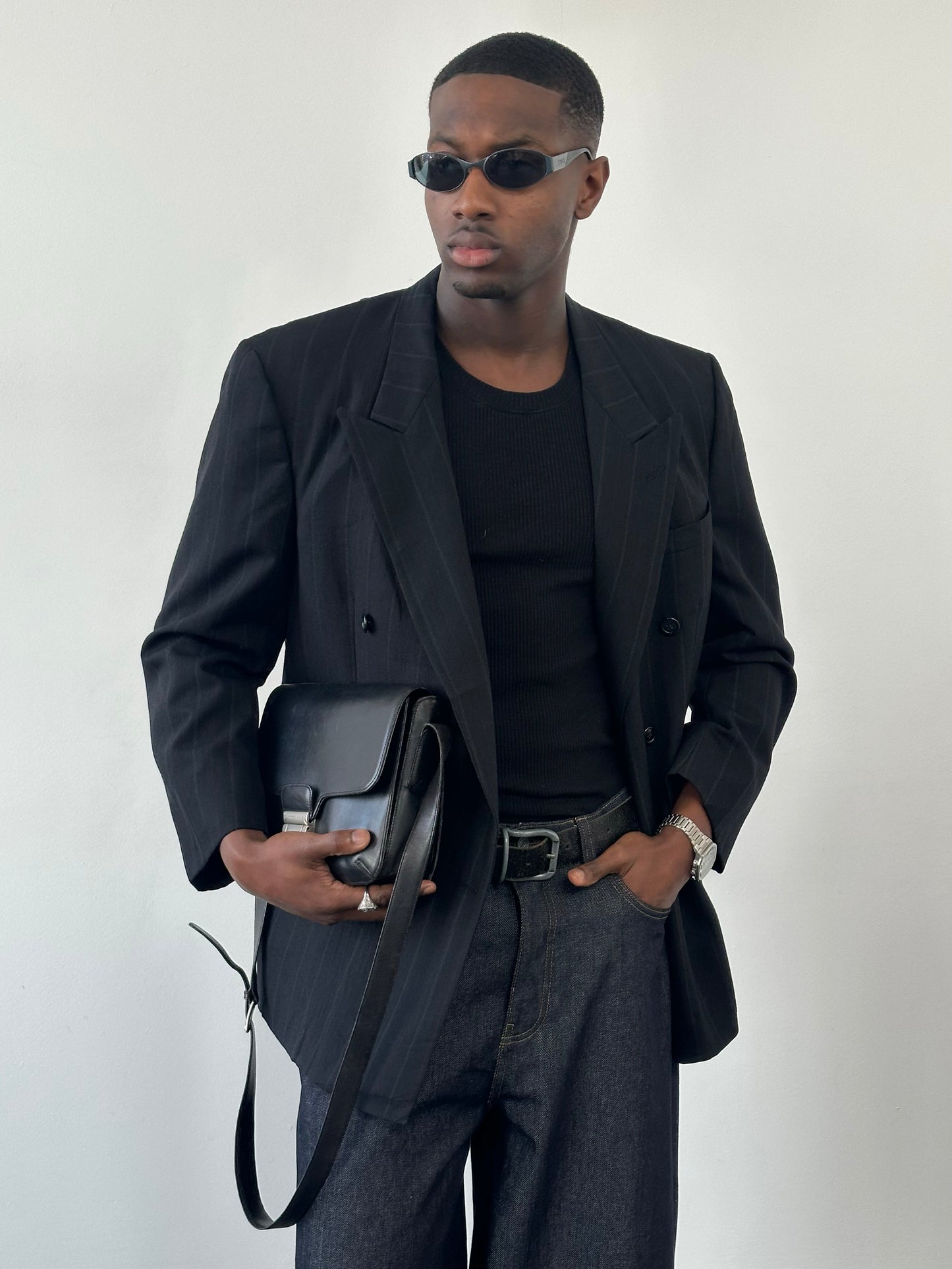 Christian Dior Monsieur 1980s pure wool double-breasted blazer in size 44L/XL, tailored fit with classic lapel and button closure.