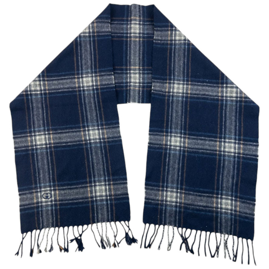 Vintage 80s Gucci Checkered Cashmere Tassel Scarf | O/S, Navy