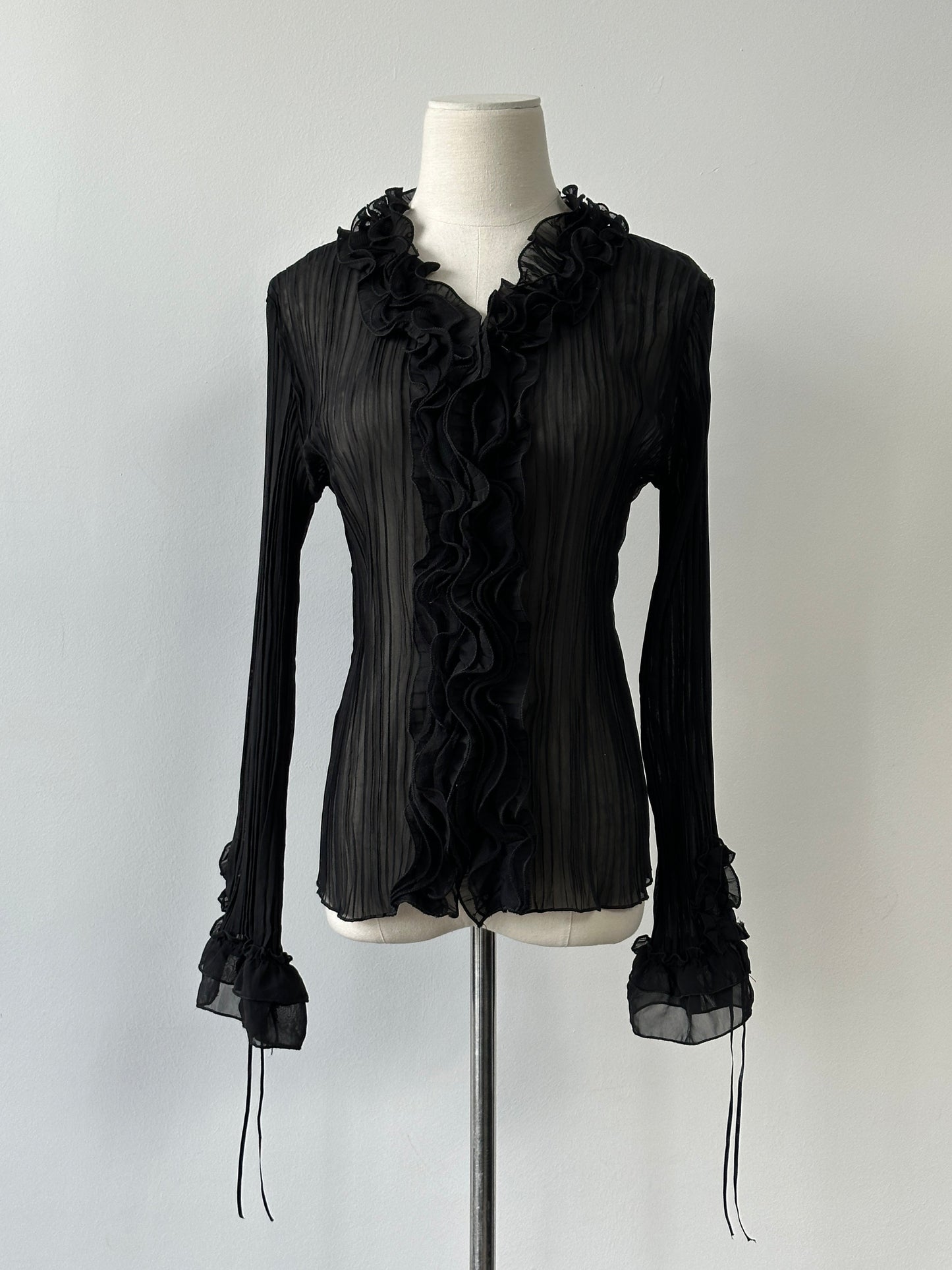 Vintage 2000s Sheer Ruffle Pleated Fitted Shirt - S