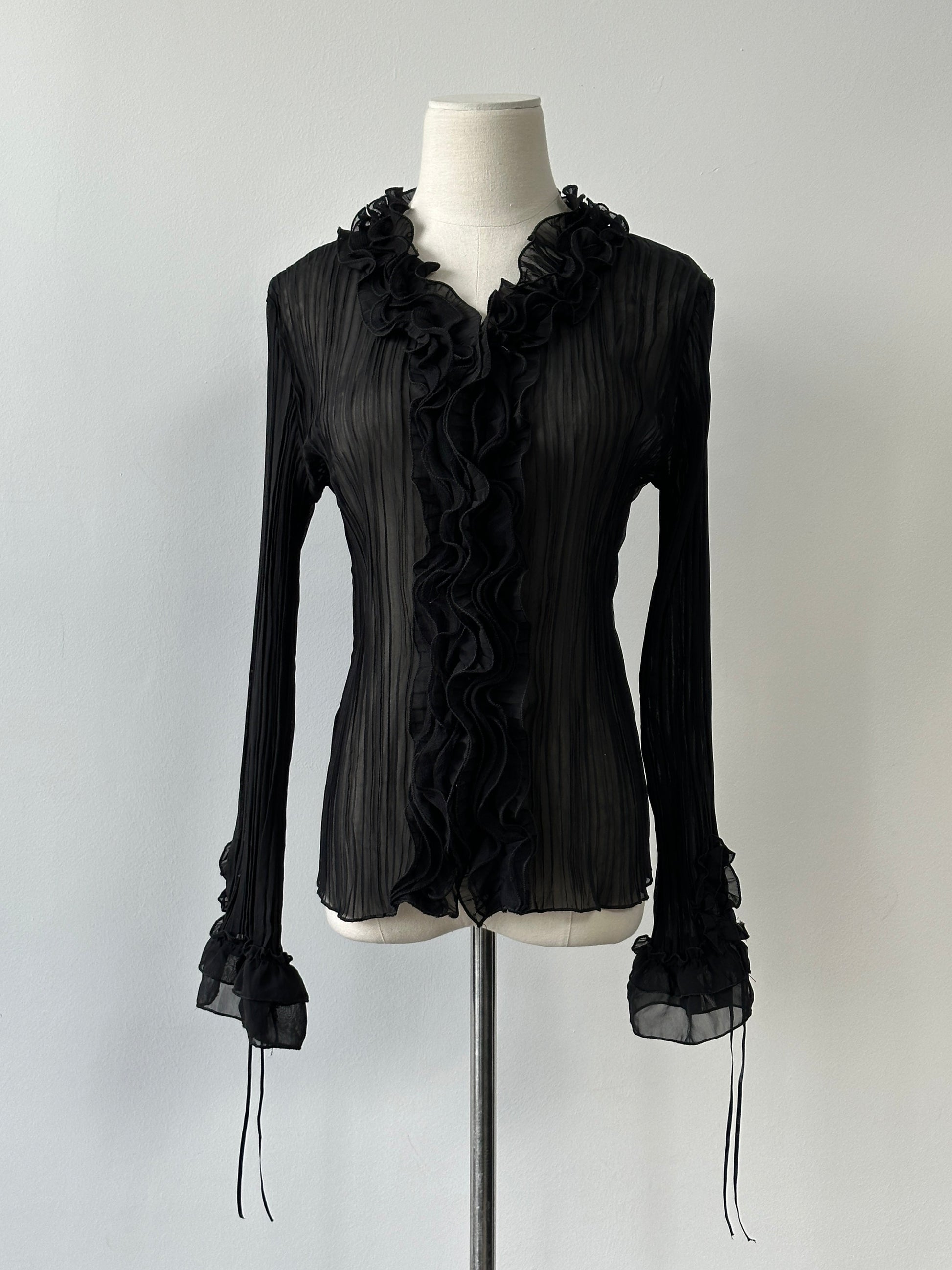 Vintage 2000s Sheer Ruffle Pleated Fitted Shirt - S