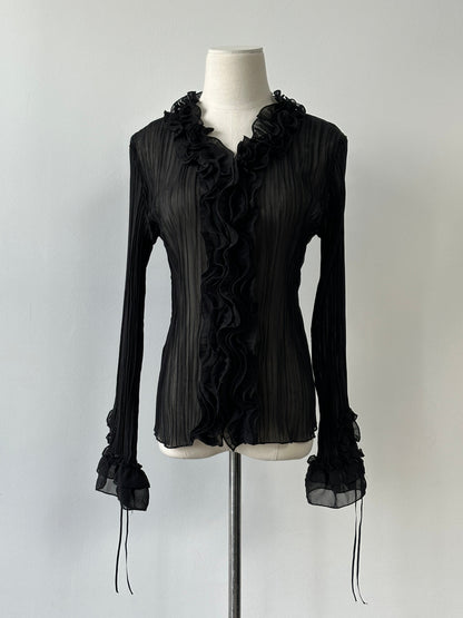 Vintage 2000s Sheer Ruffle Pleated Fitted Shirt - S