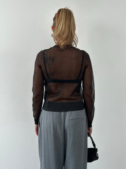 DKNY Jeans 1990s sheer knit cardigan, size small, featuring lightweight, see-through fabric and classic design.