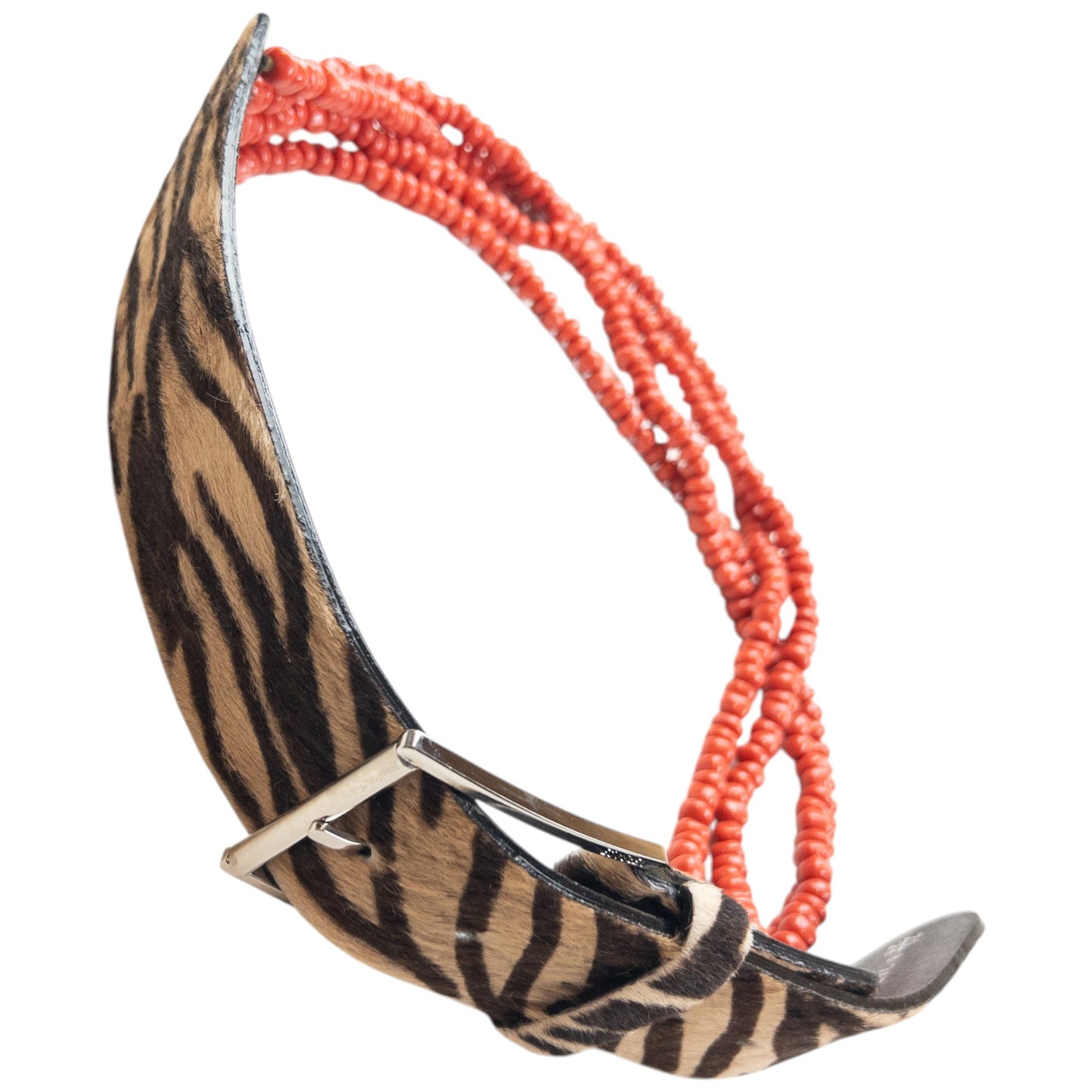 Vintage 90s Gianni Versace Beaded Zebra Striped Pony Hair Belt Size S | O/S, Tan, Black, Red