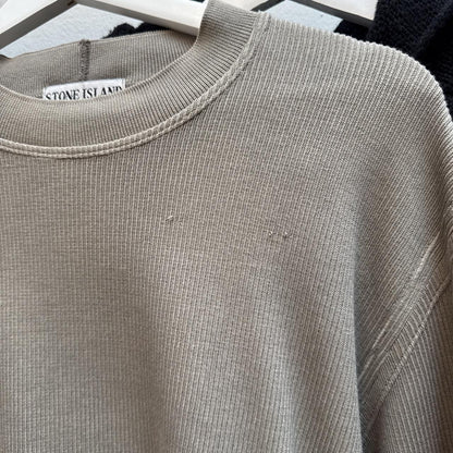 Stone Island Vintage Early 2000s Ribbed Knit Sweatshirt – Taupe Grey (M) | Medium, Grey