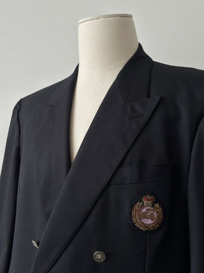 Burberry 1980s pure wool double-breasted blazer in size 46R, featuring classic tailored fit and signature style.