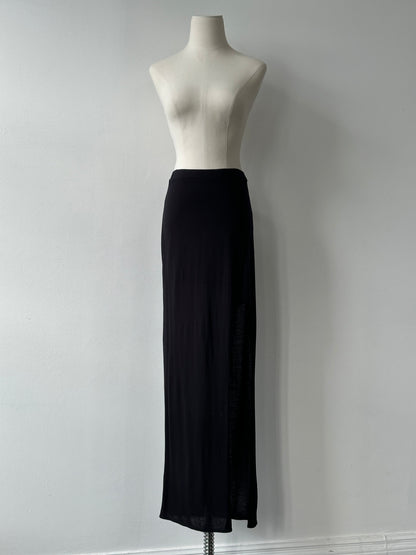 Helmut Lang 2000s side split maxi skirt in black with flowing fabric and high slit, stylish and elegant fashion piece.