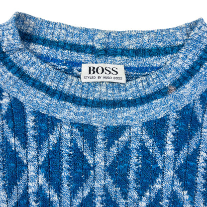 Vintage 80s Hugo Boss Pattern Knit Jumper Size L | Large, Blue