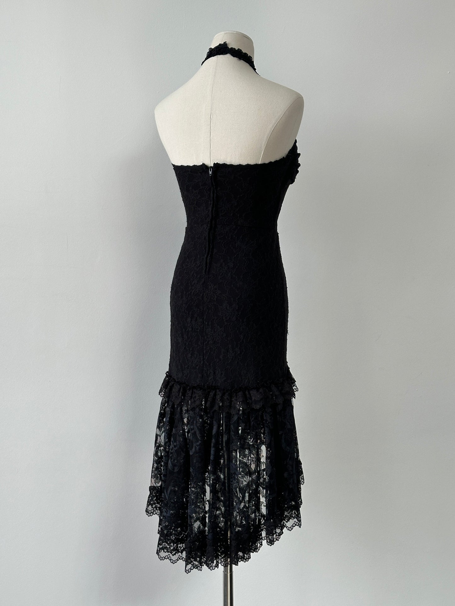 Vintage 2000s Lace Halterneck Midi Dress - M