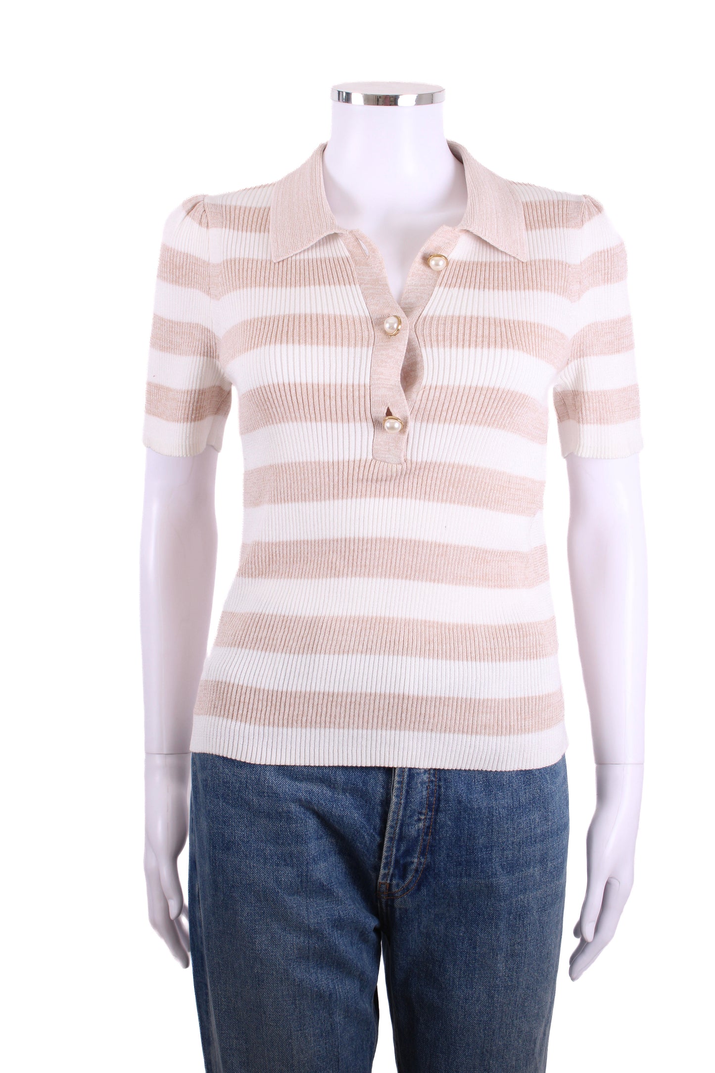 ME+EM S/S Stripe Rib Polo Top Beige/ Cream S | Small, Beige