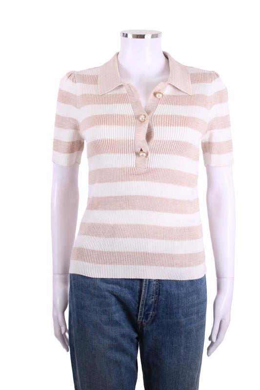 ME+EM S/S Stripe Rib Polo Top Beige/ Cream S | Small, Beige