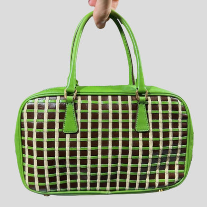 Prada 2001 Mini Top Handle Leather Woven Bag + Cards & Dustbag | O/S, Green