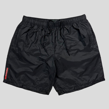 Prada Milano 2018 Black Nylon Red Tab Swim Shorts - IT48 (M)