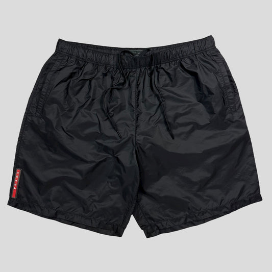 Prada Milano 2018 Black Nylon Red Tab Swim Shorts - IT48 (M)