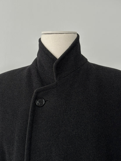 Vintage 1990s wool cashmere high neck belted coat, size L, featuring a classic design and natural wool and cashmere fabric.