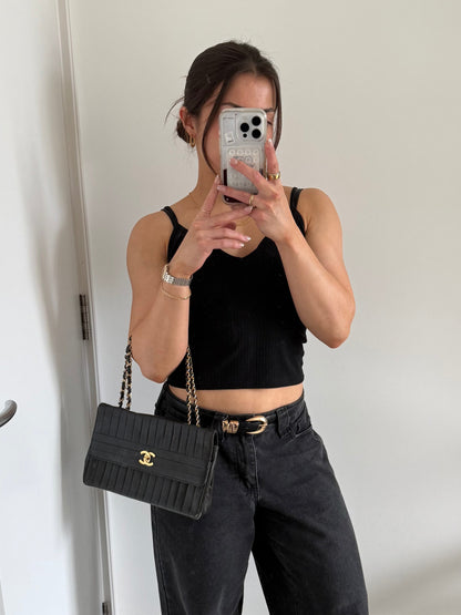 1980s Chanel Single Flap Horizontal Lambskin Leather Bag GHW Vintage | O/S, Black
