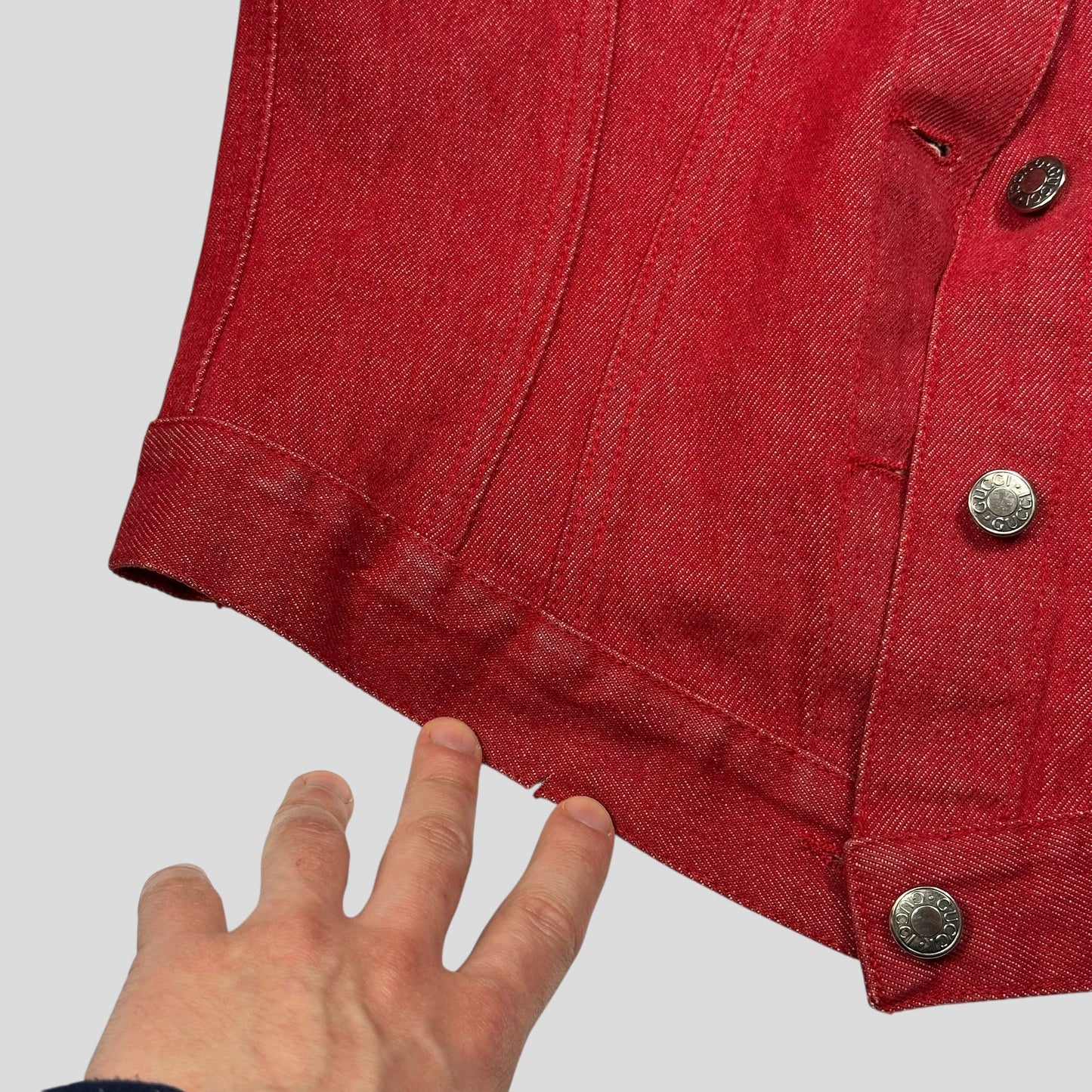 Gucci by Tom Ford 1999 Red Denim Cropped Front Drop Jacket - IT42 | Default Title, Red
