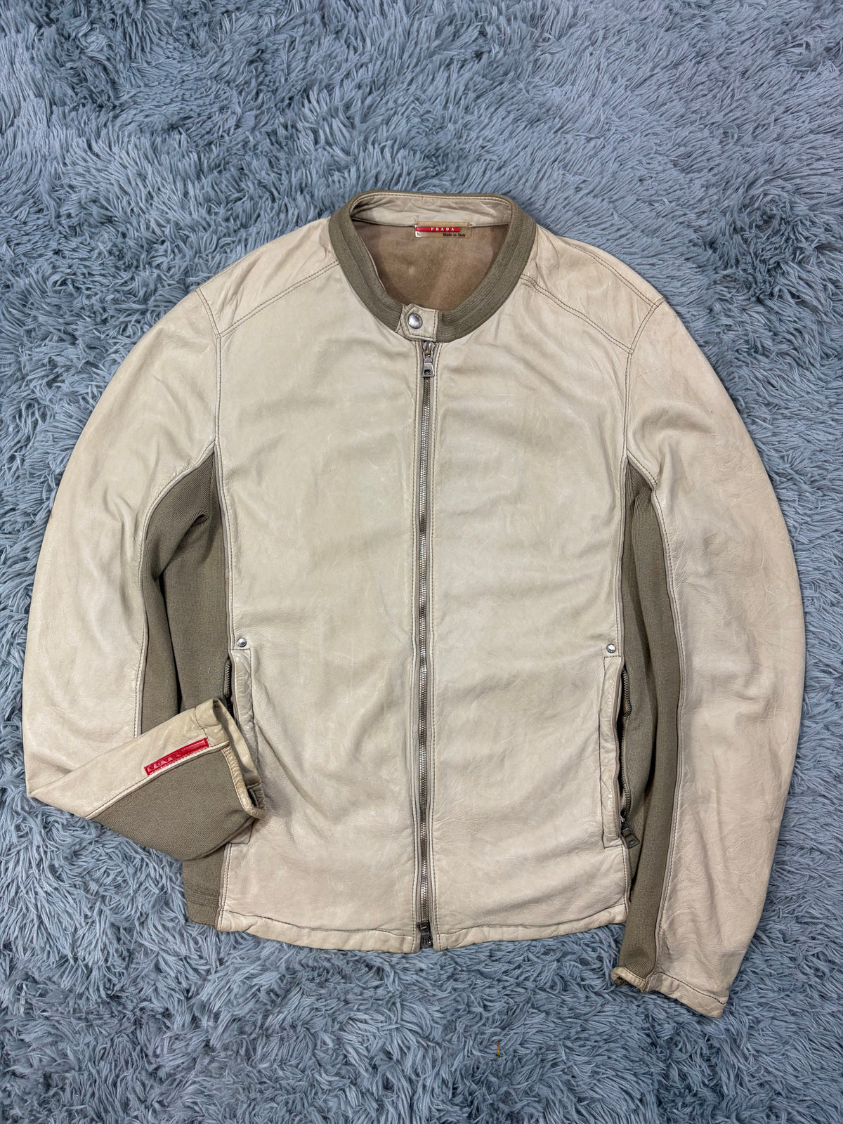 Prada Sport 2004 Cream Leather + Cotton Panelled Biker Jacket - M | O/S, Multicoloured