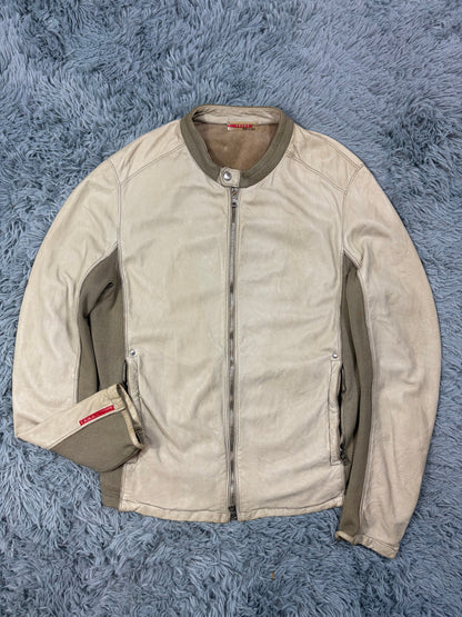 Prada Sport 2004 Cream Leather + Cotton Panelled Biker Jacket - M | O/S, Multicoloured