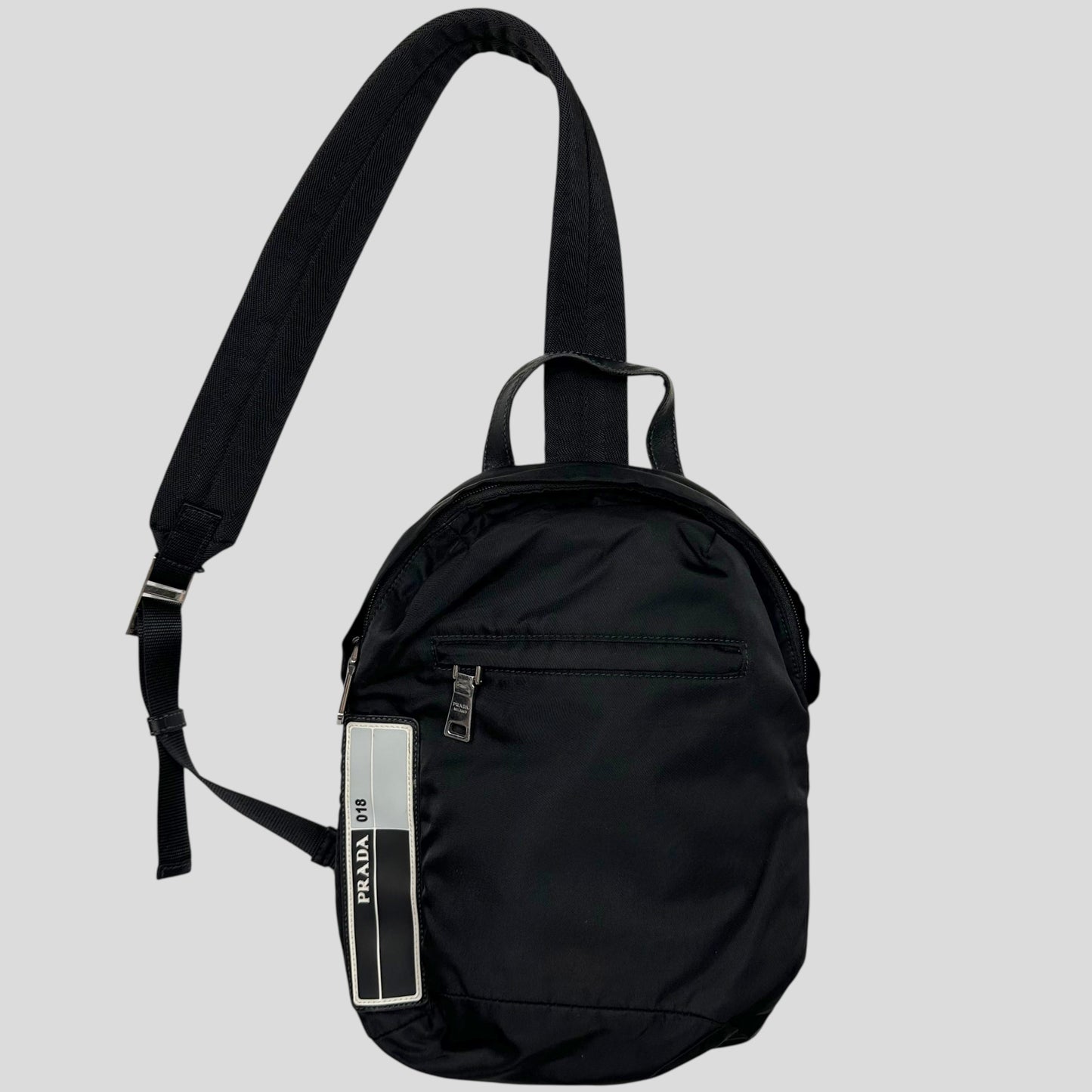 Prada 2018 Rubber Race Logo Nylon Sling Harness Backpack | O/S, Grey