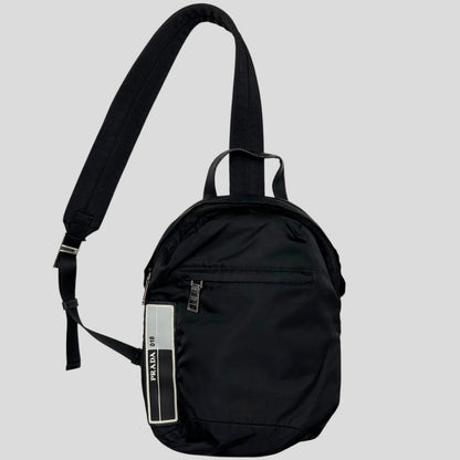 Prada 2018 Rubber Race Logo Nylon Sling Harness Backpack | O/S, Grey