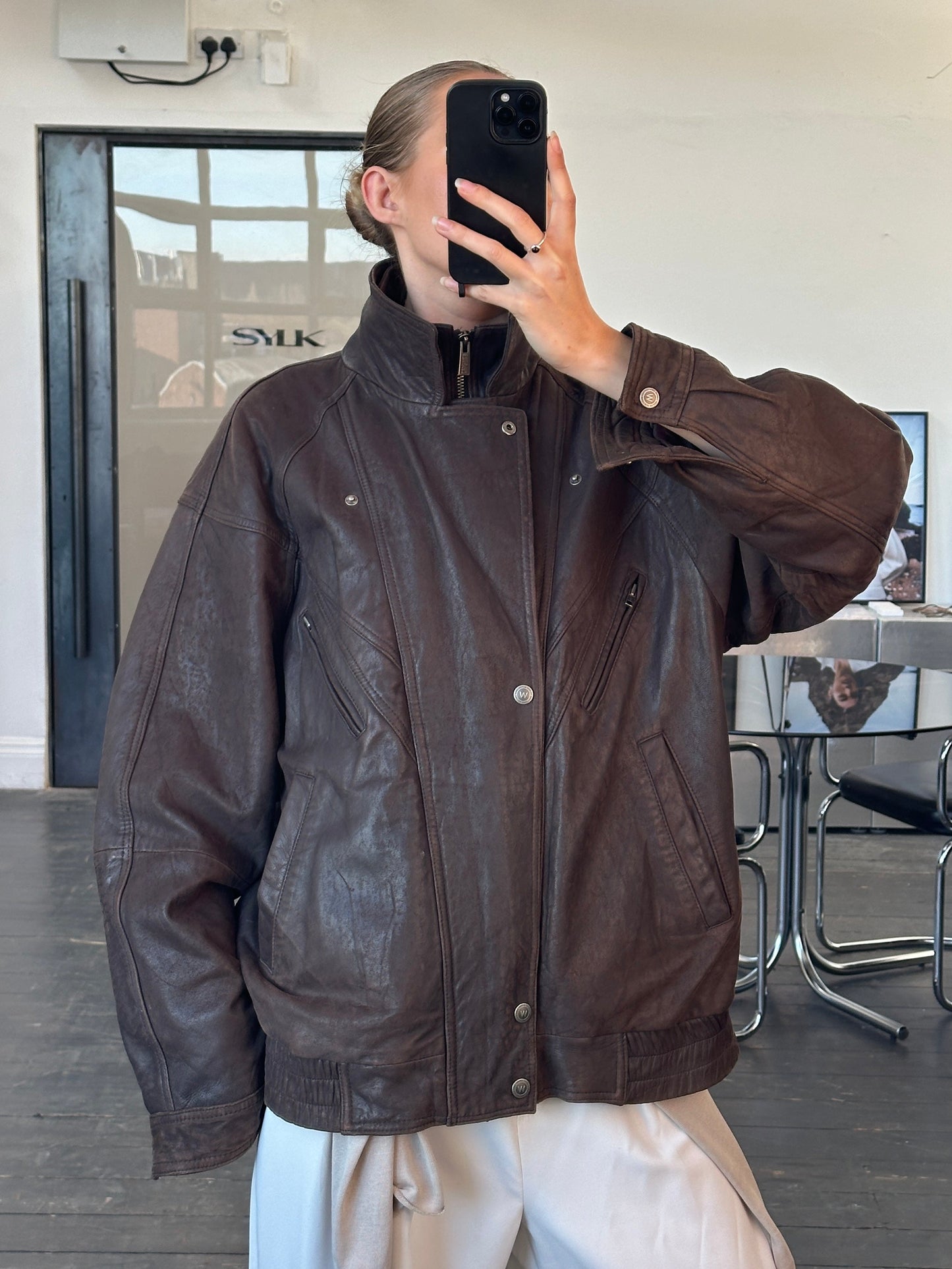 Vintage 1990s High Neck Bomber Leather Jacket - XL