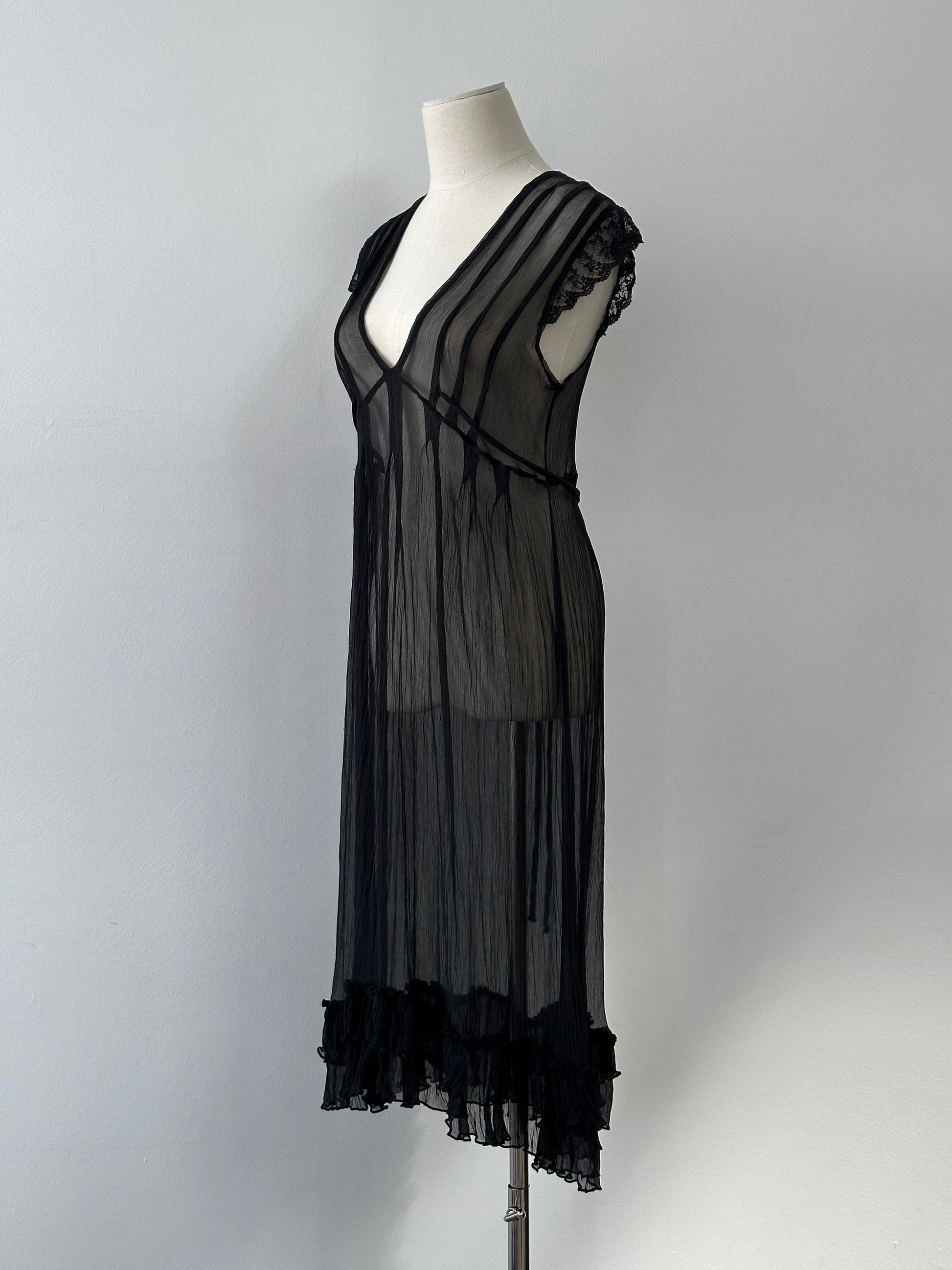 Vintage 2000s Sheer Crinkle Ruffle Midi Dress - M