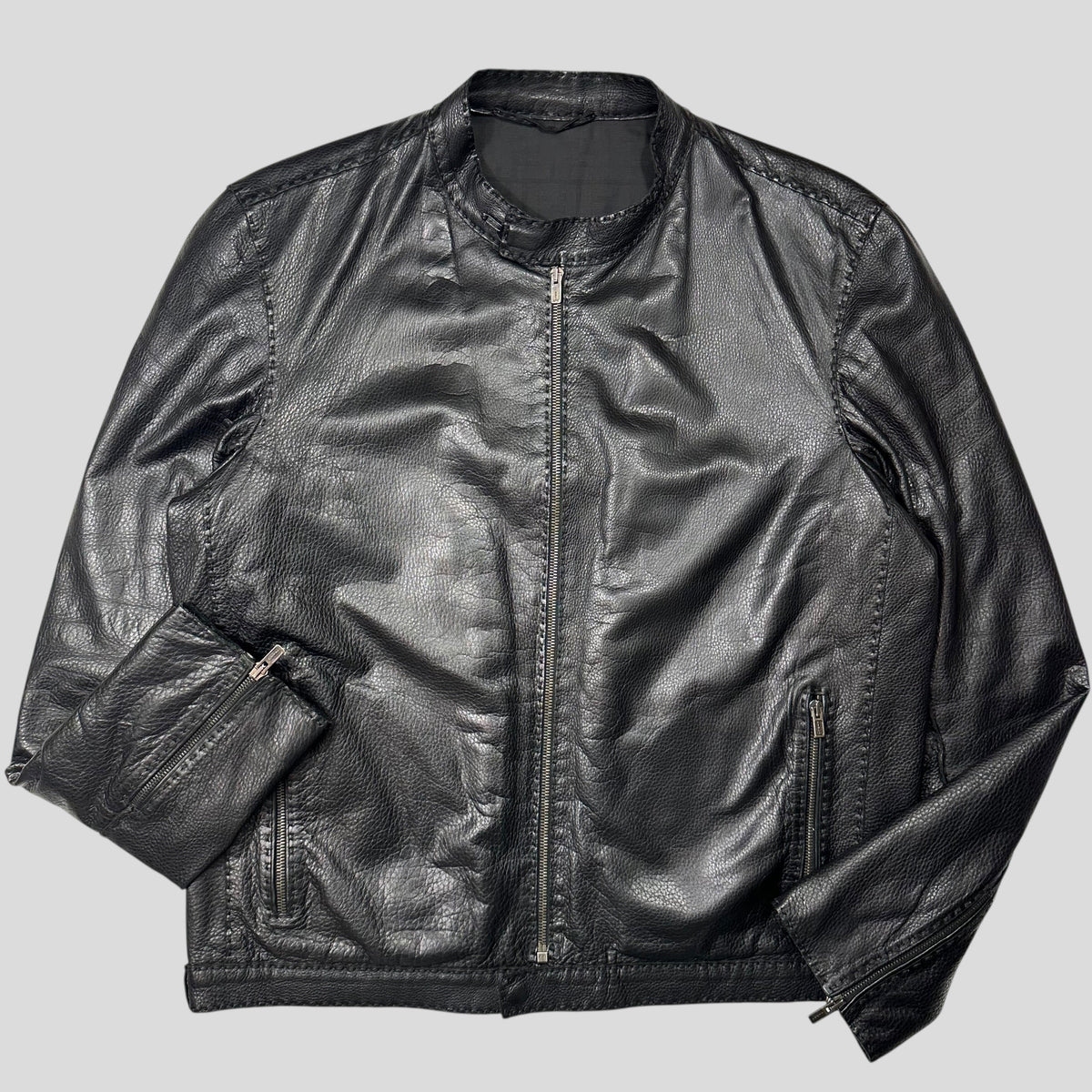 Fendi FF Textured Leather Exaggerated Stitch Moto Jacket - L | Black