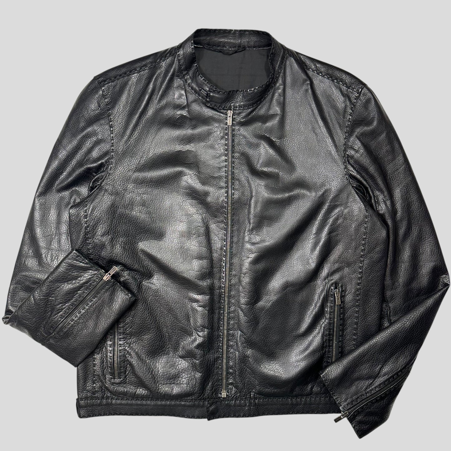 Fendi FF Textured Leather Exaggerated Stitch Moto Jacket - L | Default Title, Black