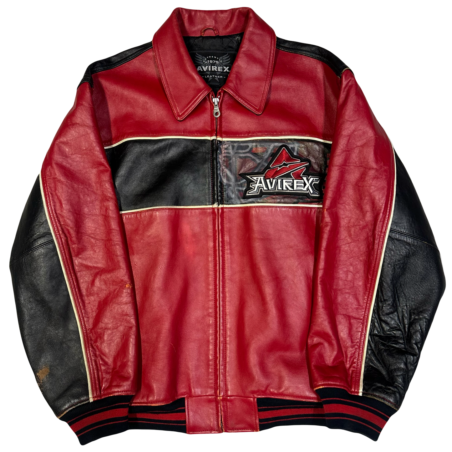 Avirex Ice Tigers Leather Jacket In Red & Black ( XL )