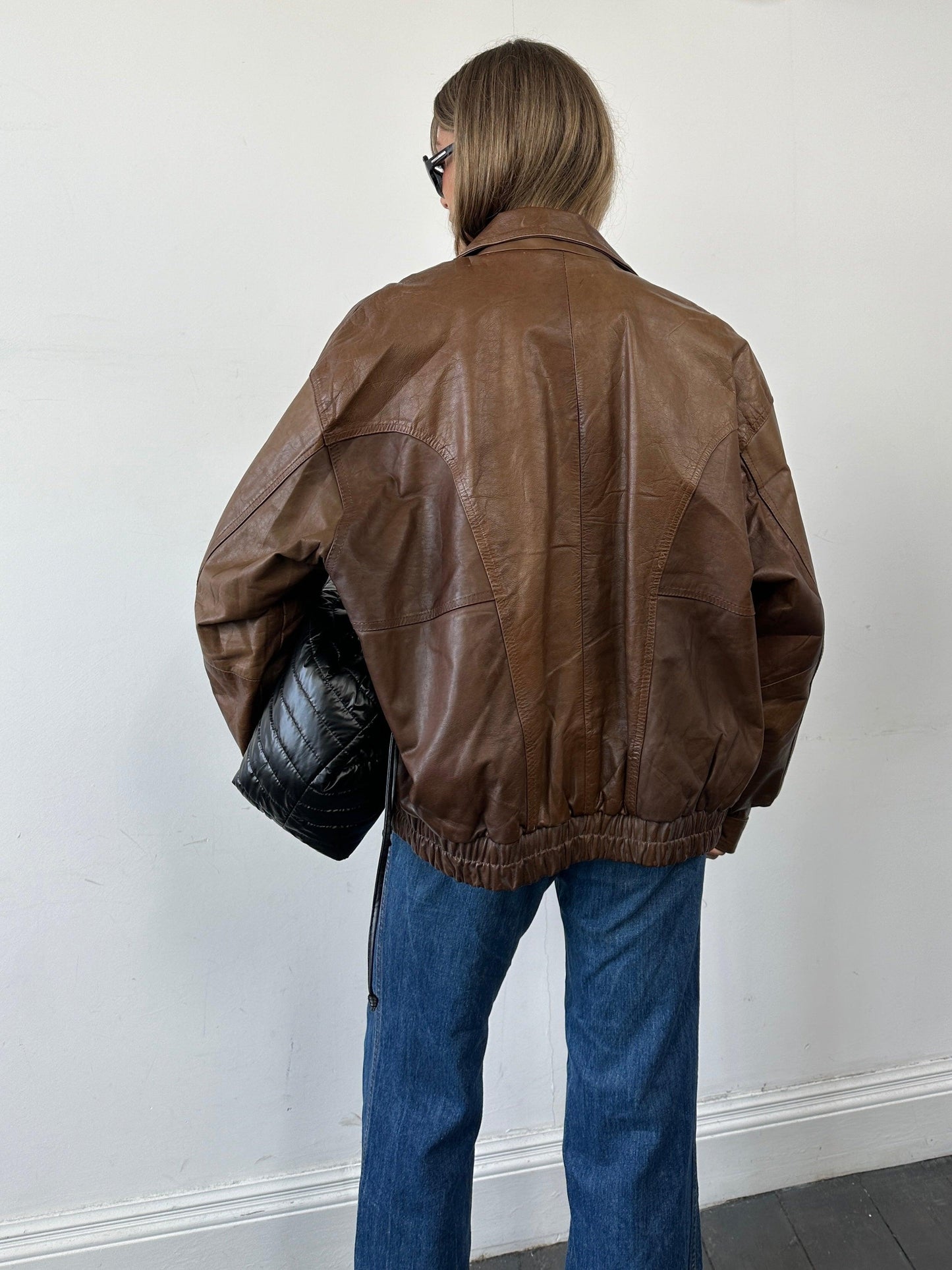 Vintage Tobacco Leather Bomber Jacket - XL - Known Source