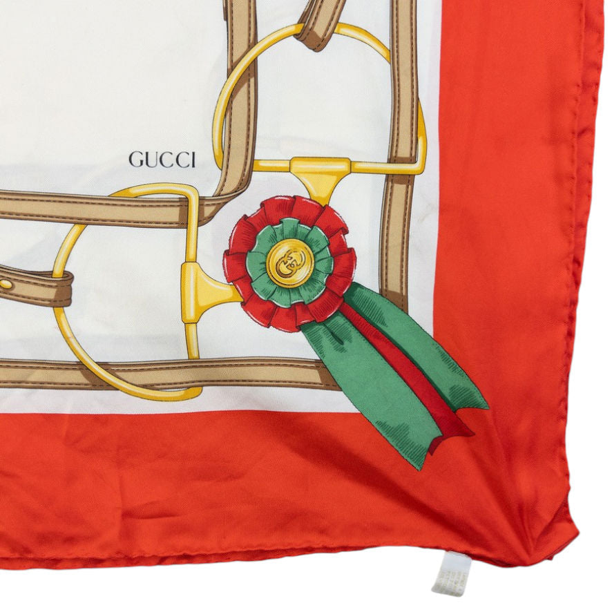 Vintage 80s Gucci Equestrian Horse Harness Print Silk Scarf | O/S, Orange and White