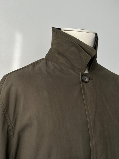 Ralph Lauren Chaps 1990s wool collar cotton trench coat, front view showing classic design and beige color, size L.