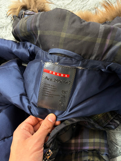 Prada Sport 2011 Shadow Plaid Raccoon Fur Nylon Puffer Gilet - M | O/S, Red