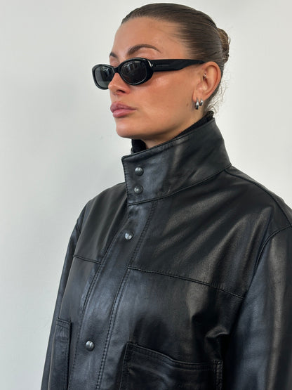 Italian Vintage 1990s Funnel Neck Leather Trench Coat - XL