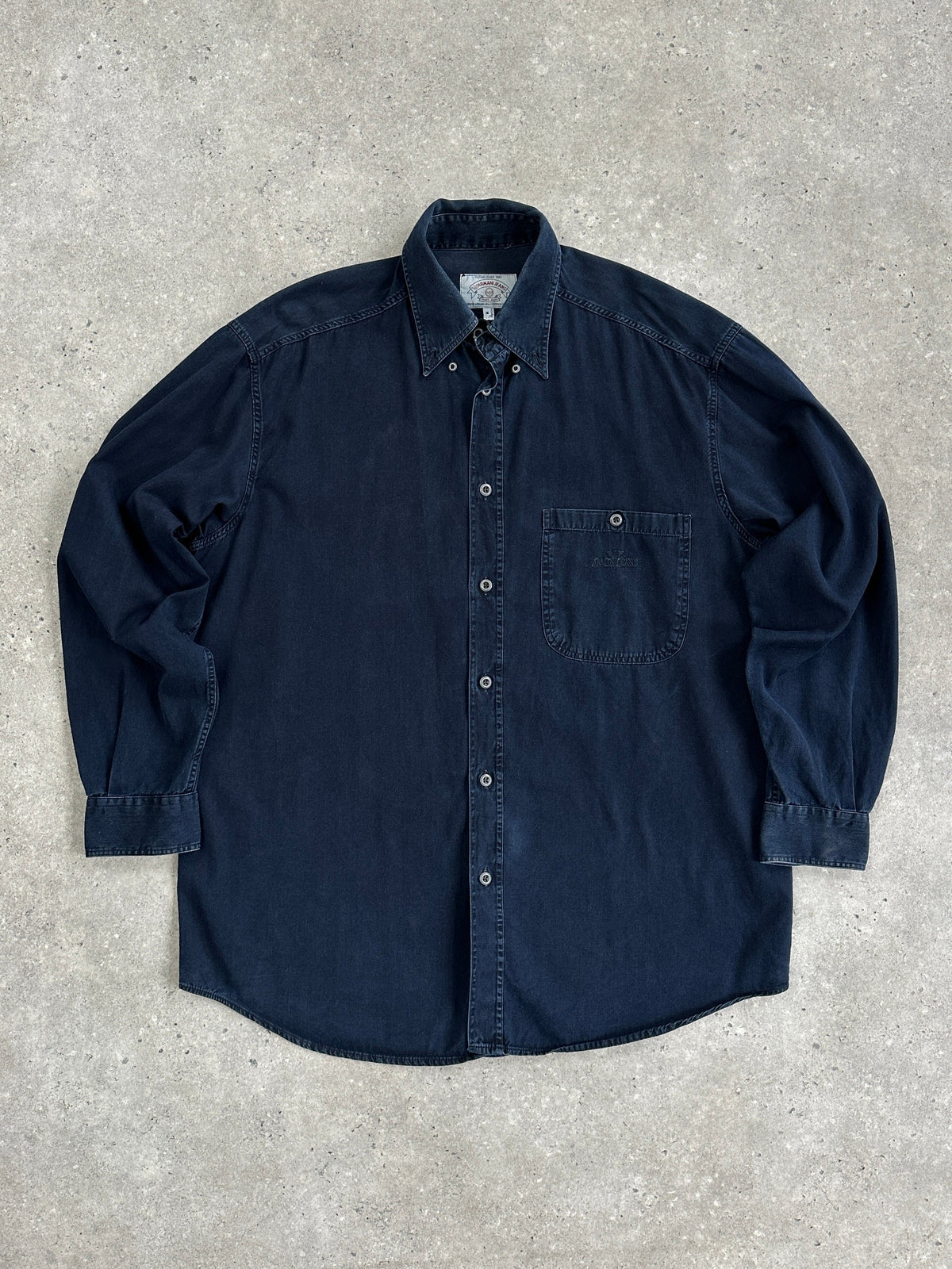 Armani Jeans 1990s pure cotton denim logo shirt in XL, featuring a classic denim design and visible logo on the front.