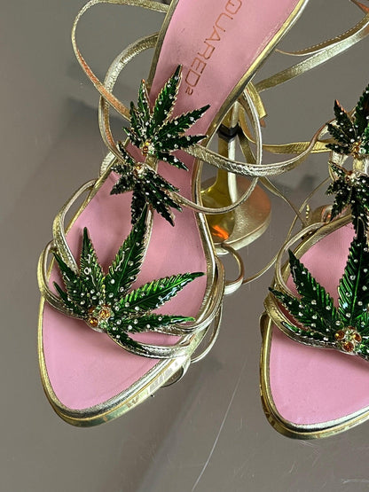 Dsquared2 marijuana leaf gold leather sandals - Known Source