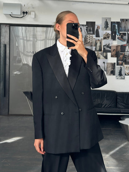 British Vintage 1980s Pure Wool Tuxedo Double Breasted Blazer - 44R/XL