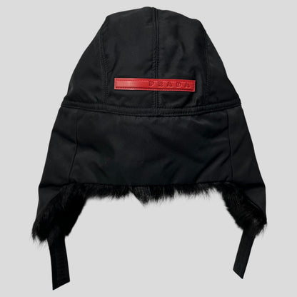 Prada Sport AW99 Goat Fur Nylon Canvas Trapper Hat - L (M) | O/S, Black