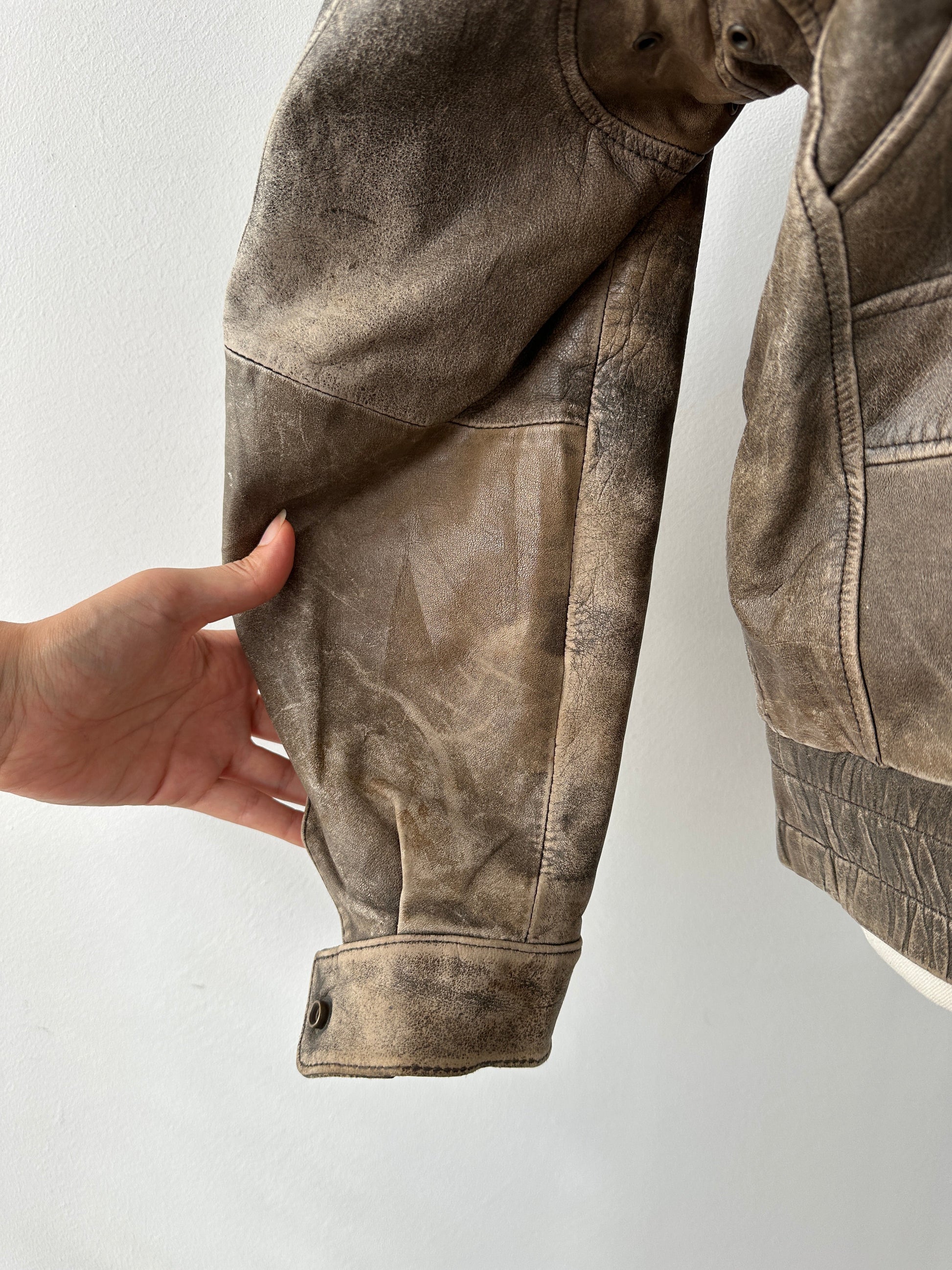 Vintage 1990s Distressed Leather Bomber Jacket - M-L