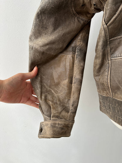 Vintage 1990s Distressed Leather Bomber Jacket - M-L