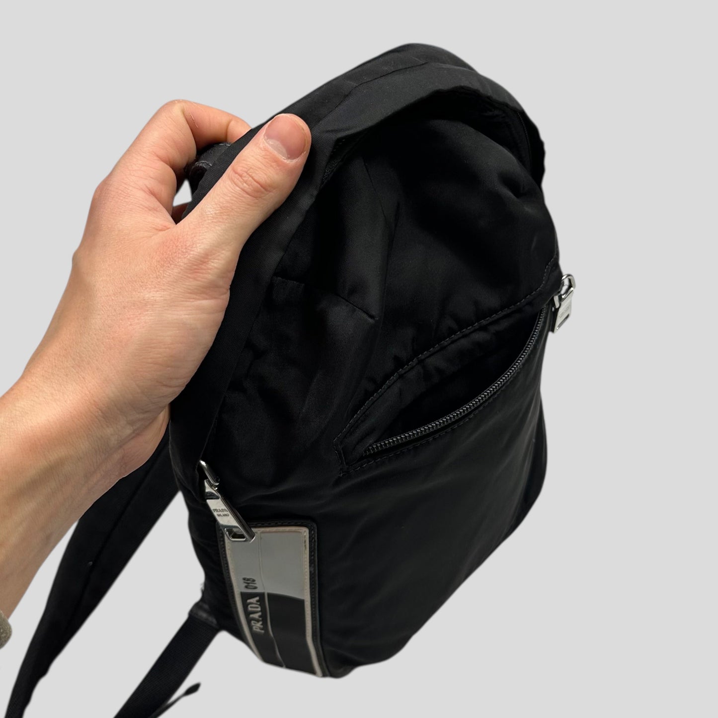 Prada 2018 Rubber Race Logo Nylon Sling Harness Backpack | O/S, Grey