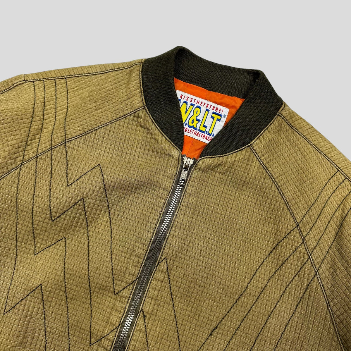 W+LT Walter 00’s 3D Textured Ripstop Embroidered Lightning Bomber Jacket - S | Khaki