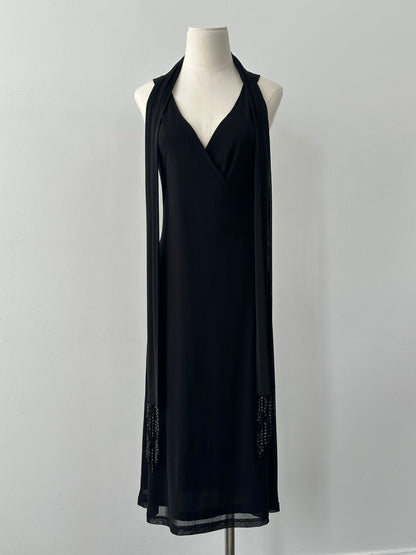 Vintage 1990s Beaded Scarf Wrap Midi Dress - M
