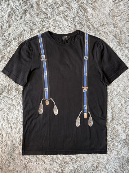 Fendi FF Zucca Roma Black Suspenders Logo T-shirt - M | O/S, Black