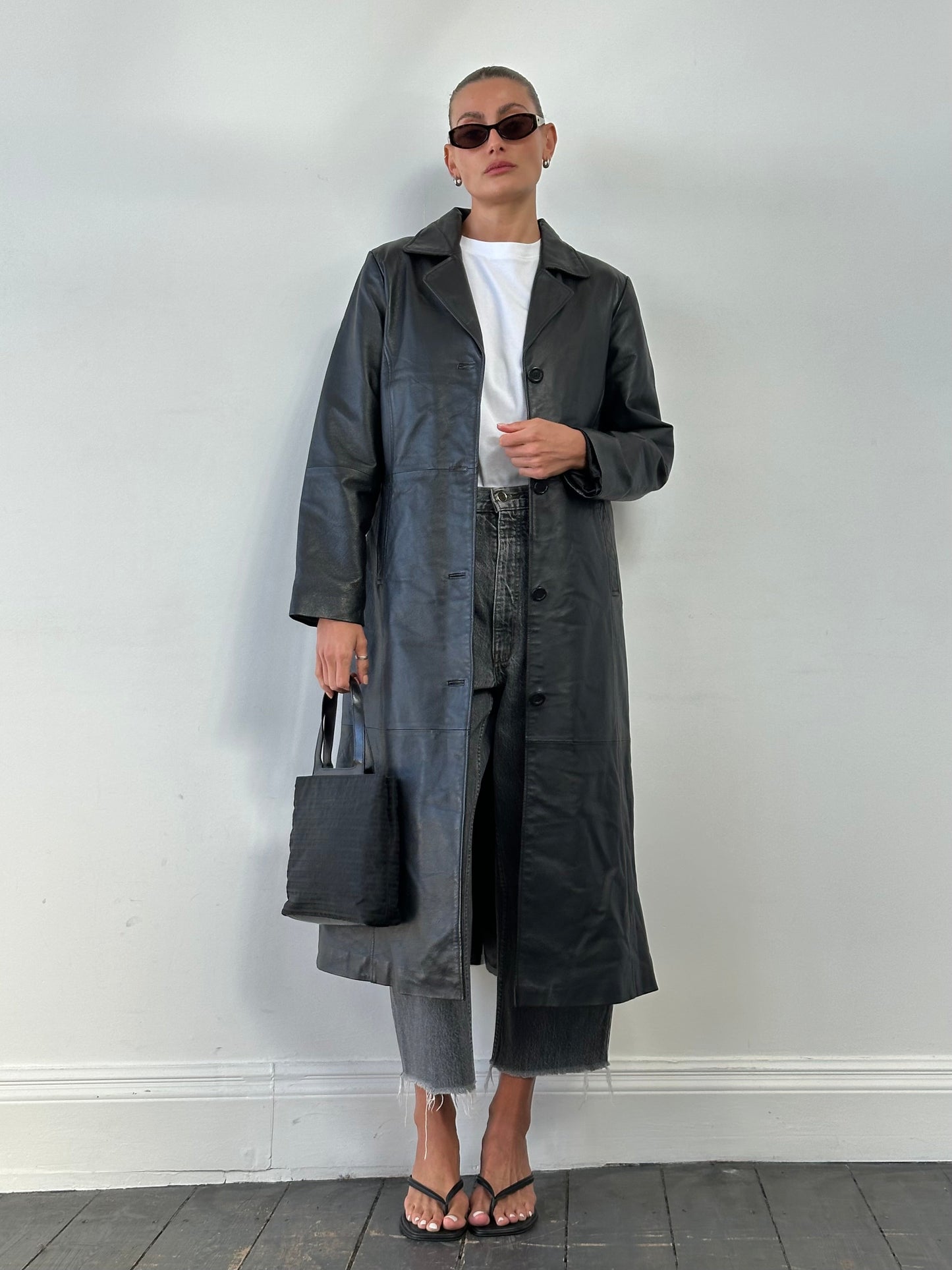 Vintage Floor Length Leather Trench Coat - M