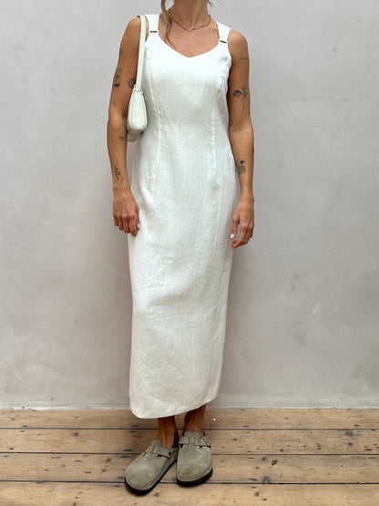 Vintage Pure Linen Fitted Floor Length Maxi Dress - M