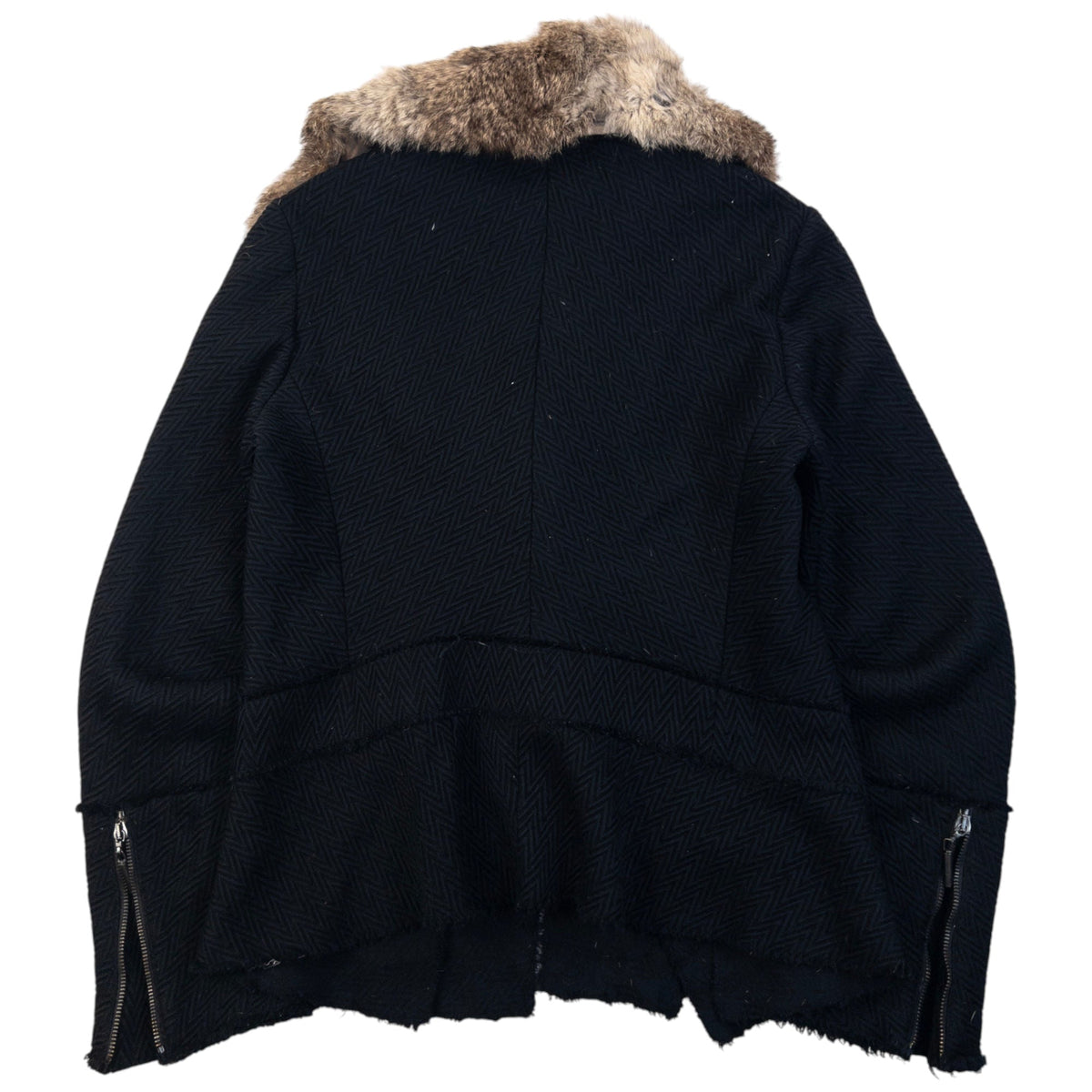 Vintage 2005 Cavalli Rabbit Fur Collar Asymmetrical Wool Jacket Womens Size L | Large, Black